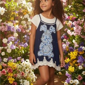 Girls Easter Dress Custom Design Blue Bunny Unique Upcycled OOAK Embellished 1/1